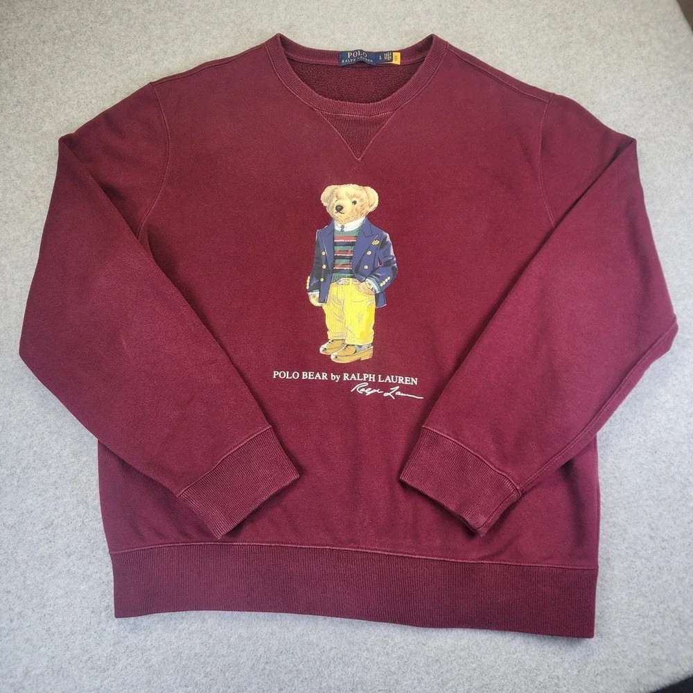 Polo Ralph Lauren Bear Mens Large Crewneck Fleece Sweater Sweatshirt Burgundy - Picture 1 of 9